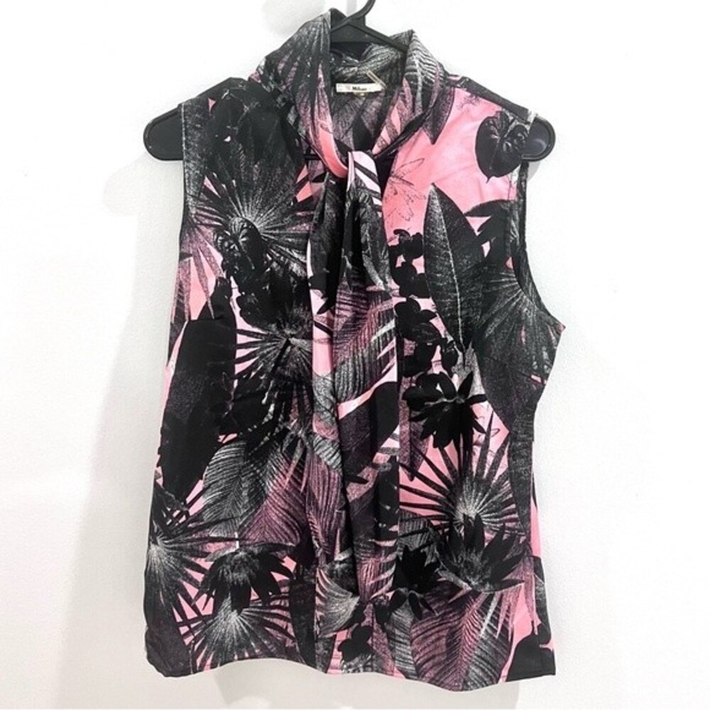 Milano pink and black tropical print tie neck top size medium
